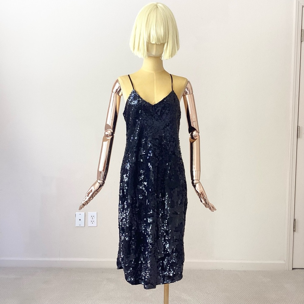 Nili Lotan Black Sequin V Neck Spaghetti Straps Slip Dress SZ M